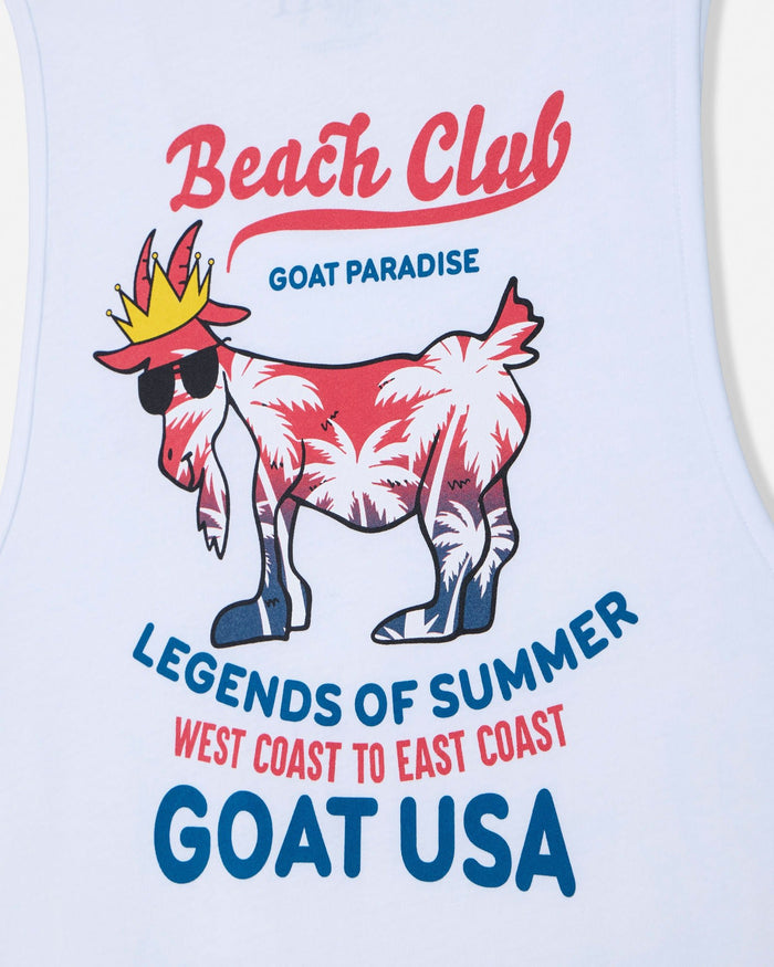 Tank top with a graphic of a goat wearing sunglasses and a crown, text 'Beach Club Goat Paradise' and 'Legends of Summer West Coast to East Coast Goat USA'.