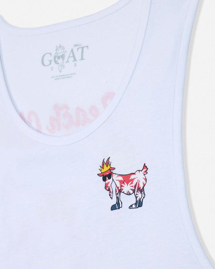 White tank top with a colorful goat graphic and 'GOAT' text on a white background