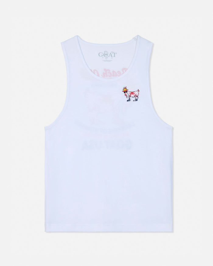 White tank top with a goat design and text on a white background