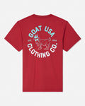 A red short-sleeve t-shirt shown from the back, featuring a white and light blue graphic print of a goat and the text 'GOAT USA CLOTHING CO.' on a light gray background.#color_tomato