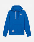A bright blue pullover hoodie with white drawstrings, featuring a small white graphic on the left chest and a circular white graphic patch on the front pocket, displayed on a light gray background.#color_french-blue