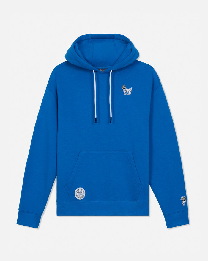 A bright blue pullover hoodie with white drawstrings, featuring a small white graphic on the left chest and a circular white graphic patch on the front pocket, displayed on a light gray background.#color_french-blue