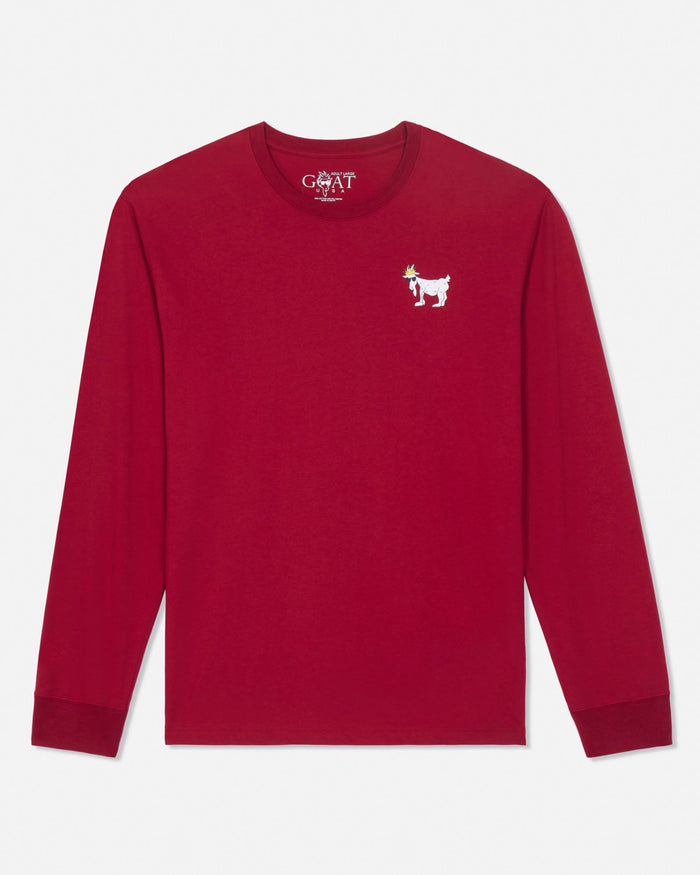 A red long-sleeve crewneck sweatshirt by Goat, featuring a small embroidered white goat logo on the left chest, displayed on a clean white background.#color_cranberry