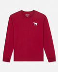 A red long-sleeve crewneck sweatshirt by Goat, featuring a small embroidered white goat logo on the left chest, displayed on a clean white background.#color_cranberry