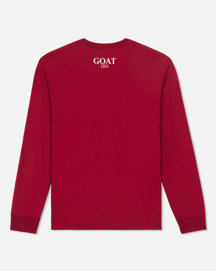 A long-sleeve crewneck shirt in deep red, featuring the 'GOAT USA' logo printed in white on the upper chest, displayed on a clean light gray background.#color_cranberry