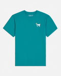 Teal t-shirt with a small graphic on a white background#color_teal-blue