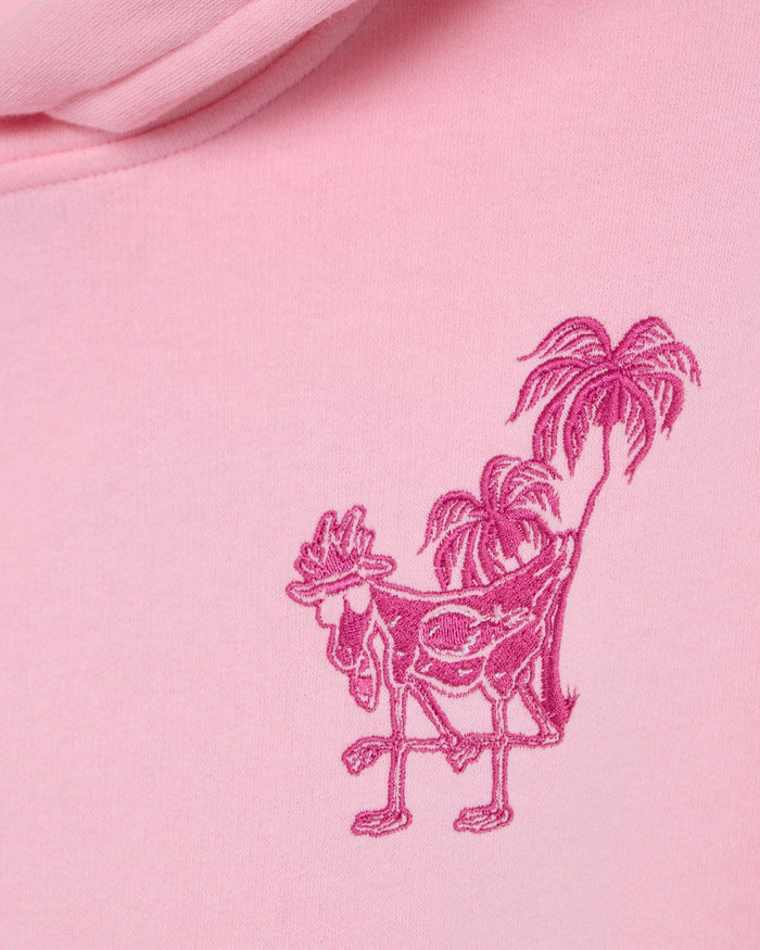 Pink hoodie with a pink embroidered design of a flaminGOAT and palm trees on a pink background#color_pink