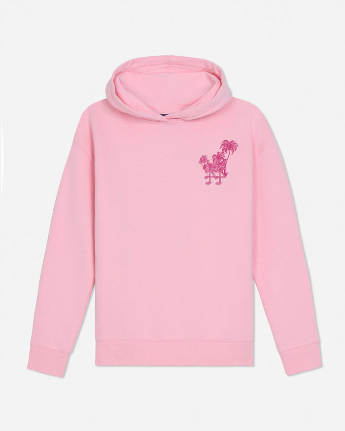 Pink hoodie with a small graphic on a light gray background#color_pink