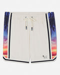 Beige shorts with colorful palm tree design on a white background