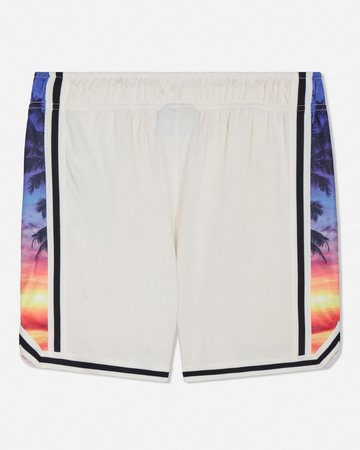 White shorts with colorful palm tree and sunset design on a white background