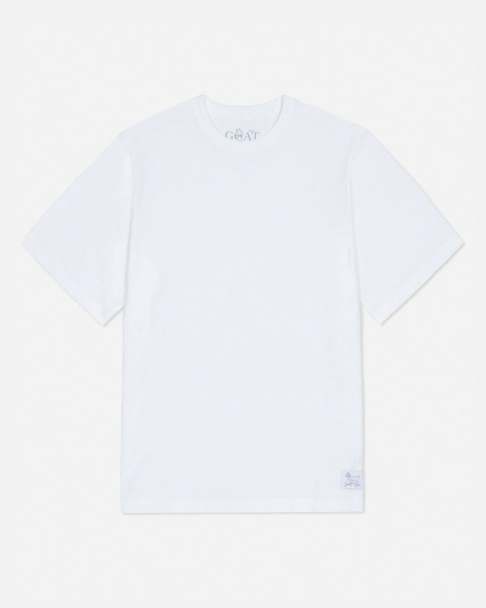 White t-shirt with a brand logo on a light gray background#color_white
