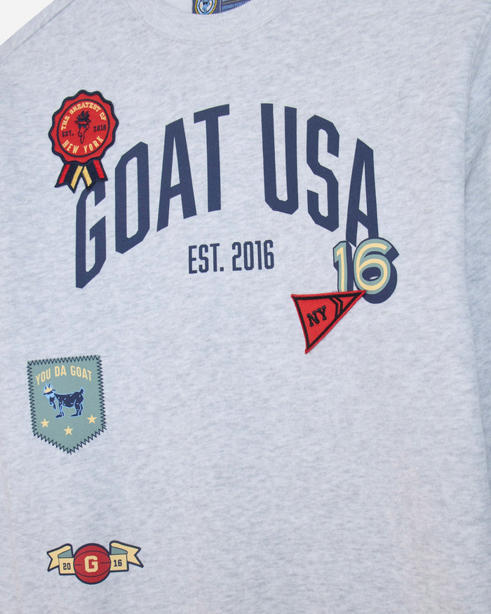 Close-up gray crewneck with various patch design