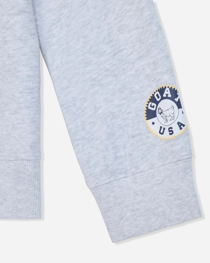 Sleeve of gray crewneck with patch