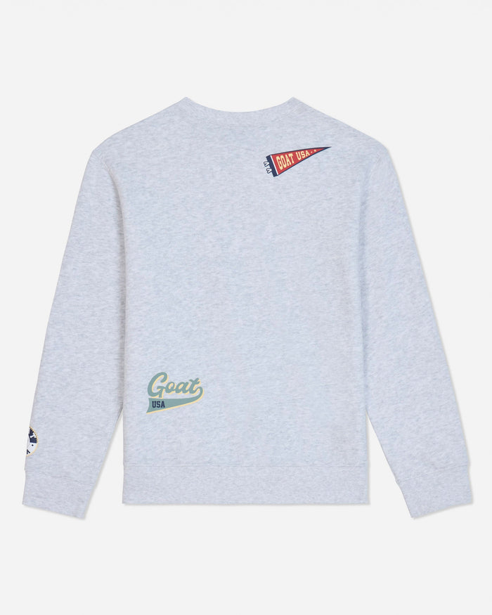 Back of gray crewneck with patches