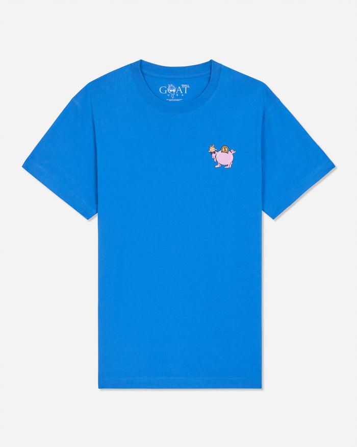 Front of royal blue t-shirt with goat piggy bank left-chest graphic