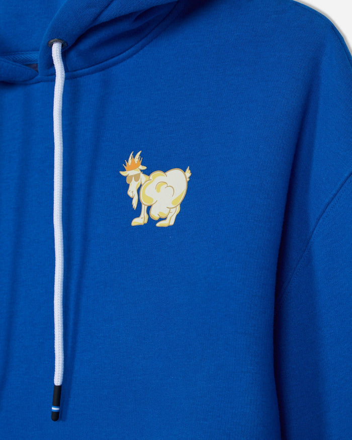 Close-up of a bright blue hoodie featuring a small embroidered cartoon goat character on the left chest and a white drawstring.