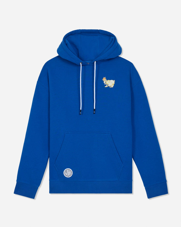 A royal blue pullover hoodie with white drawstrings, featuring a small embroidered goat graphic on the left chest and a circular patch near the bottom pocket, displayed on a light gray background.