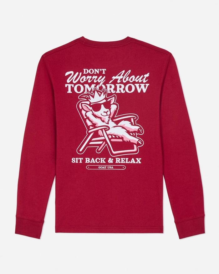 Red long-sleeve shirt with white graphic and text on a white background
