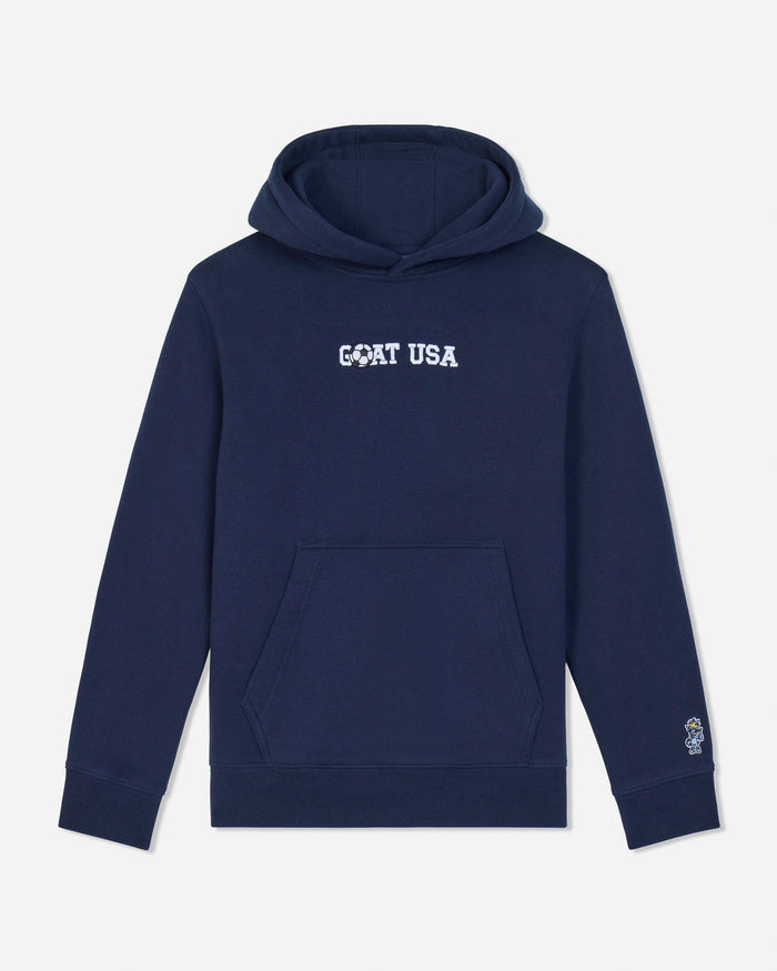 Navy blue hoodie with 'GOAT USA' text on a white background