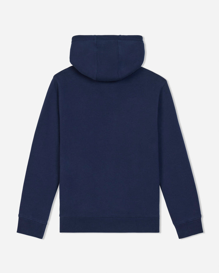 A navy blue hooded sweatshirt shown from the back, featuring a solid color with ribbed cuffs, hem, and hood, displayed on a clean light gray background.