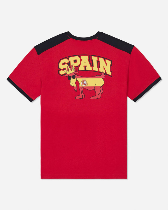 Red t-shirt with 'Spain' and goat graphic on a white background