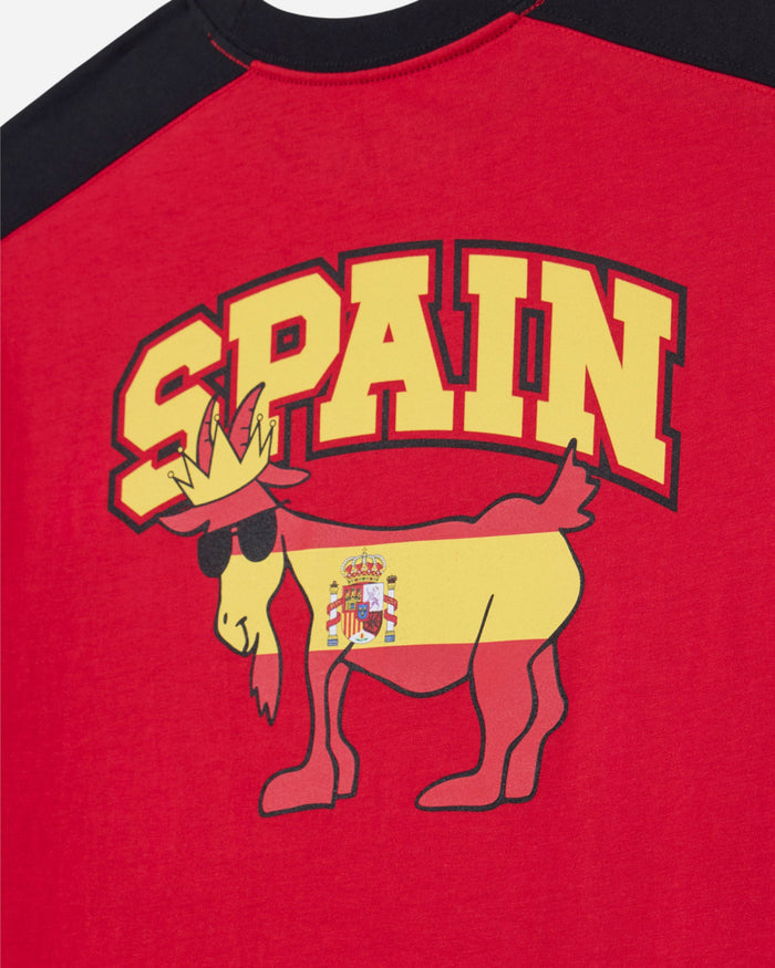 Red shirt with a cartoon goat wearing sunglasses and a crown with 'SPAIN' text above it.
