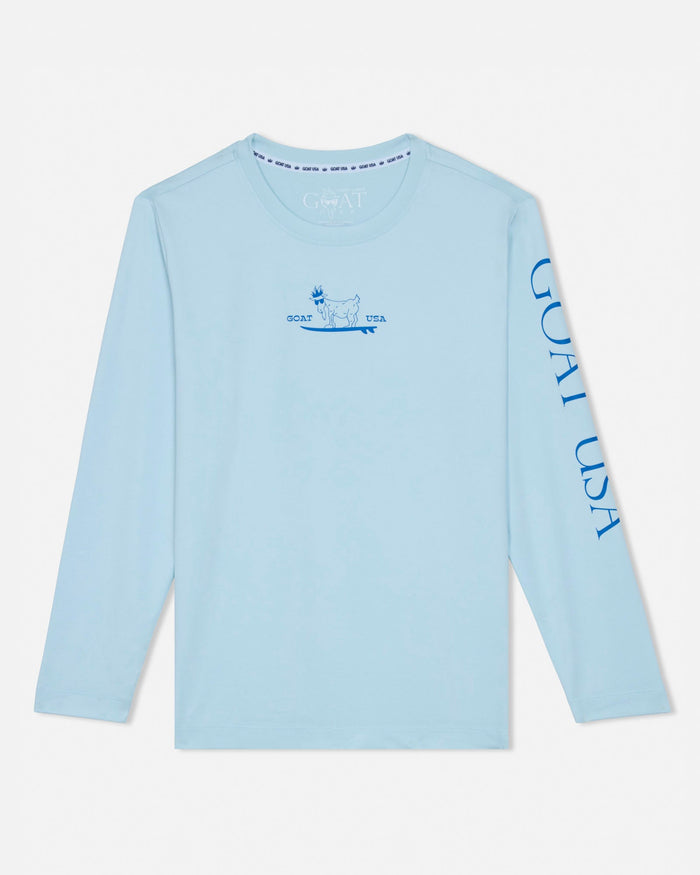 Light blue long-sleeve shirt with a graphic and text on a white background#color_delicate-blue