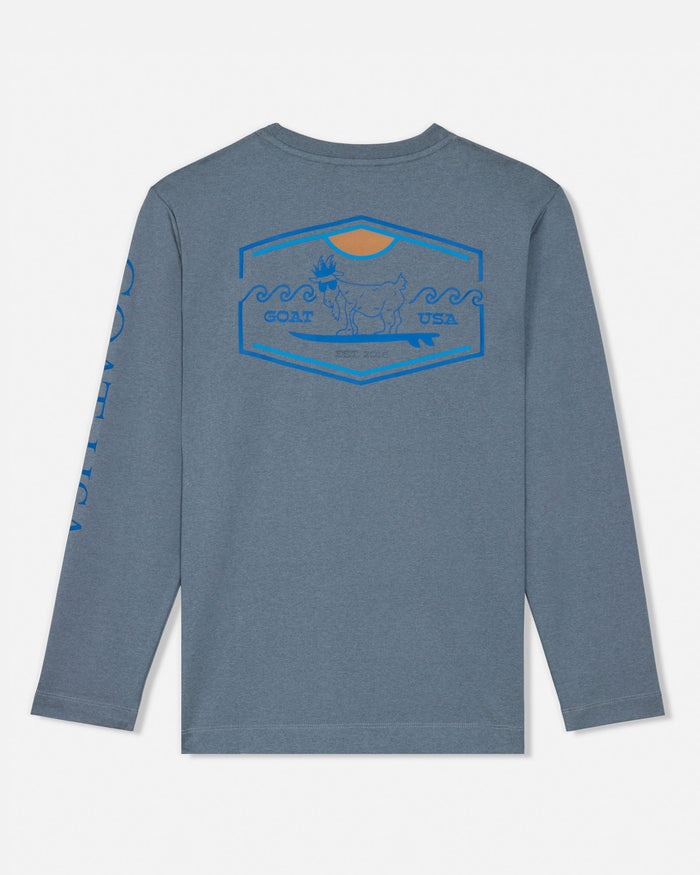 Gray long-sleeve shirt with a graphic design on the back against a white background#color_gray