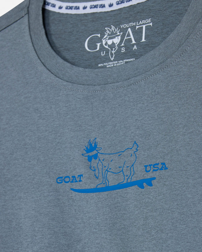 Gray t-shirt with blue graphic and 'GOAT USA' text on a plain background#color_gray