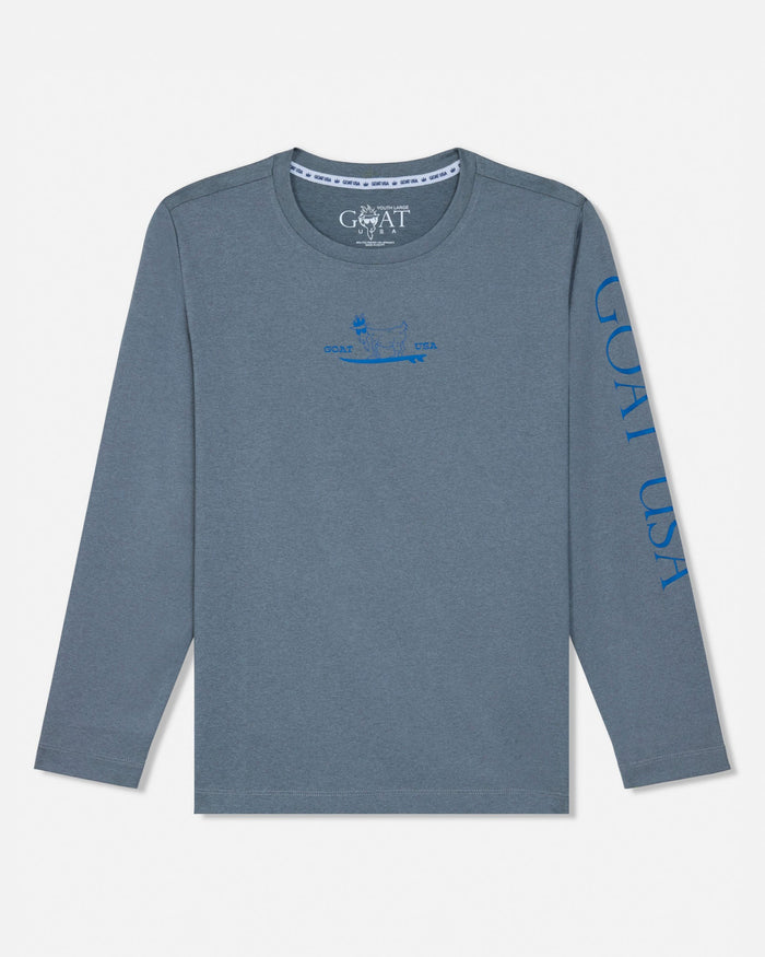 Gray long-sleeve shirt with branding on a light gray background#color_gray