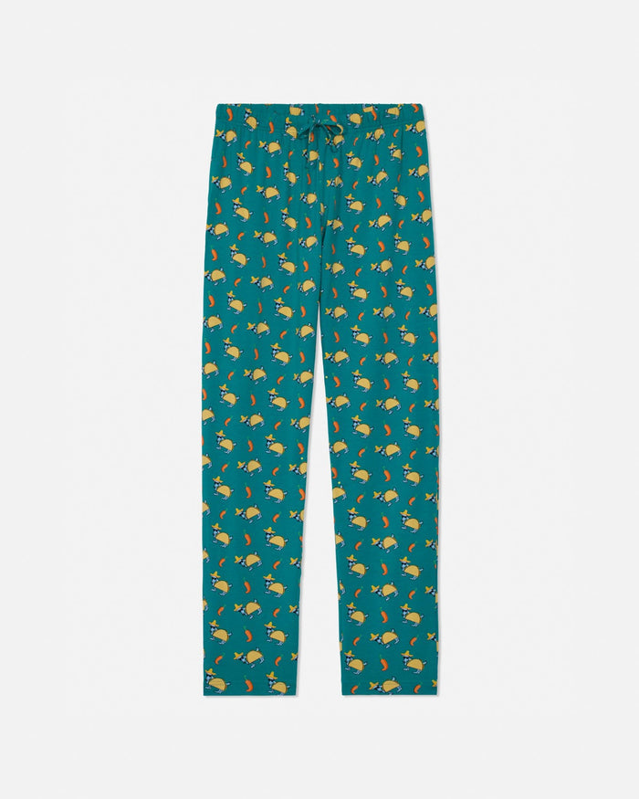 Teal pajama pants with taco pattern on a white background