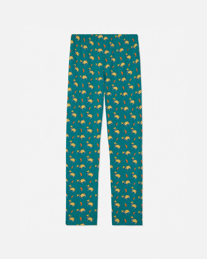 Teal pajama pants with taco pattern on a white background