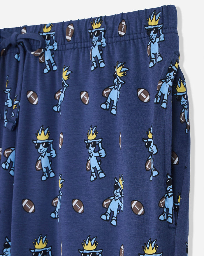 Close-up of navy pajama pants with goat and football design