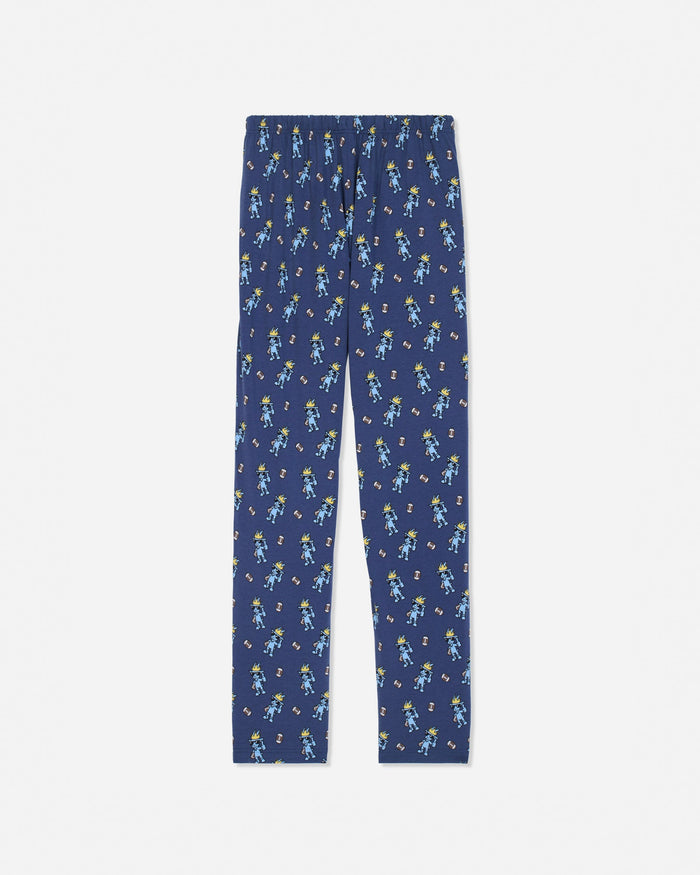 Back of navy pajama pants with goat and football design