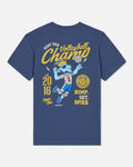 Blue t-shirt with volleyball-themed graphic and text on a white background