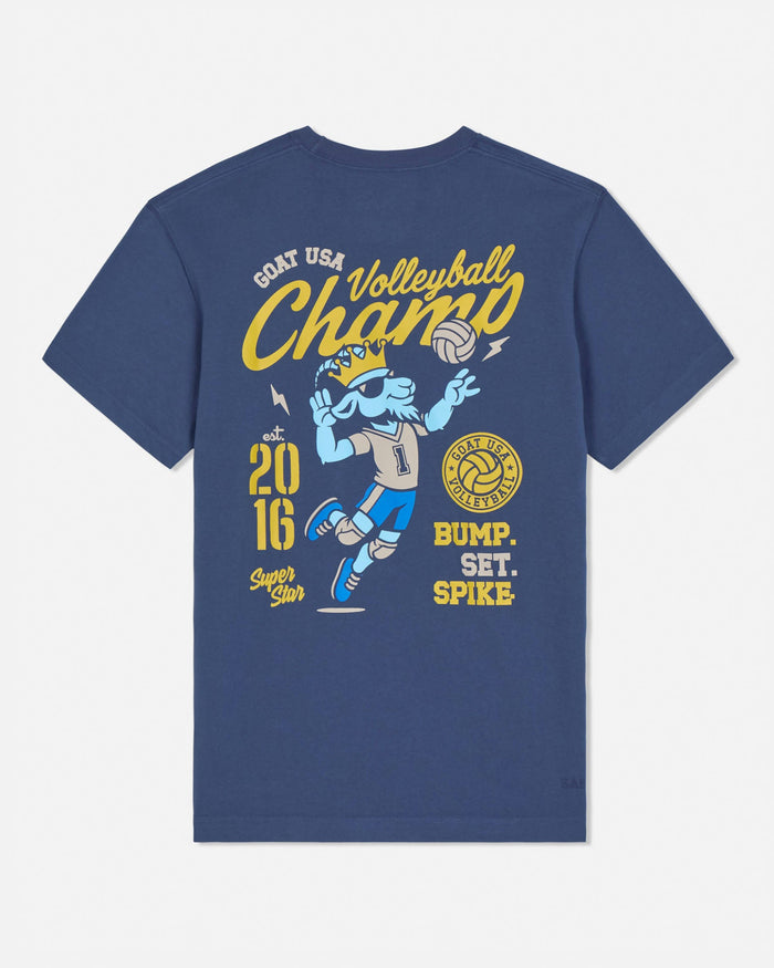 Blue t-shirt with volleyball-themed graphic and text on a white background