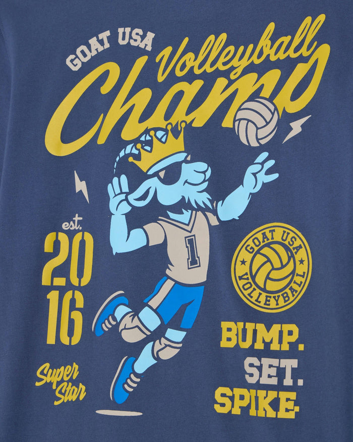 Navy blue t-shirt with yellow and blue graphics and text about a volleyball champion.