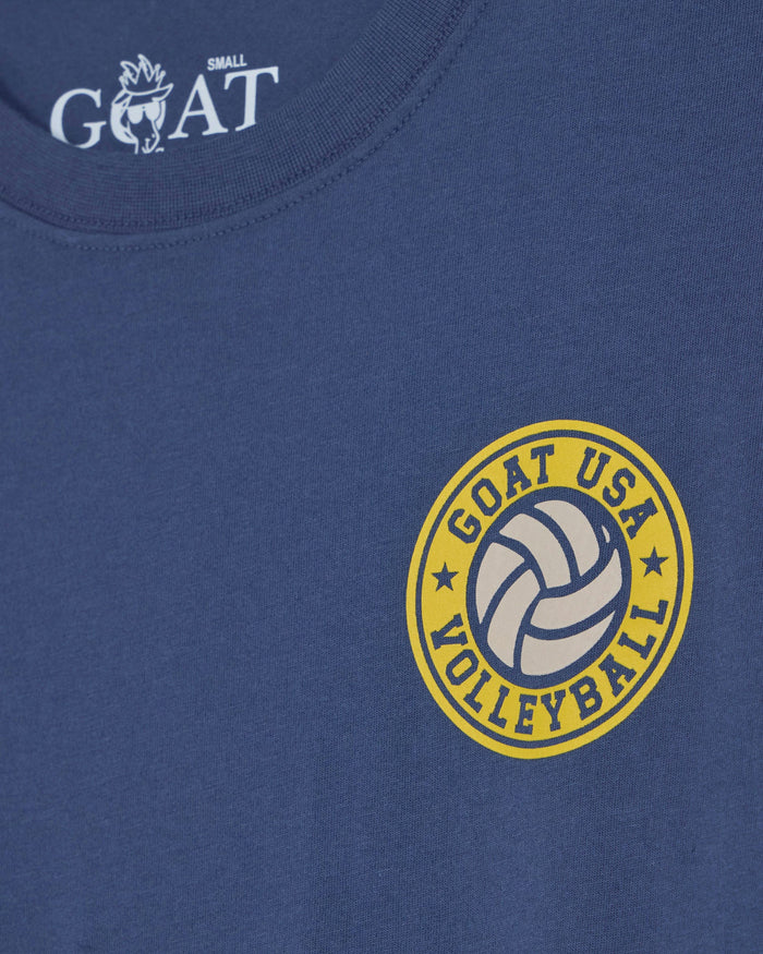 Blue t-shirt with 'GOAT USA Volleyball' logo on a blue background