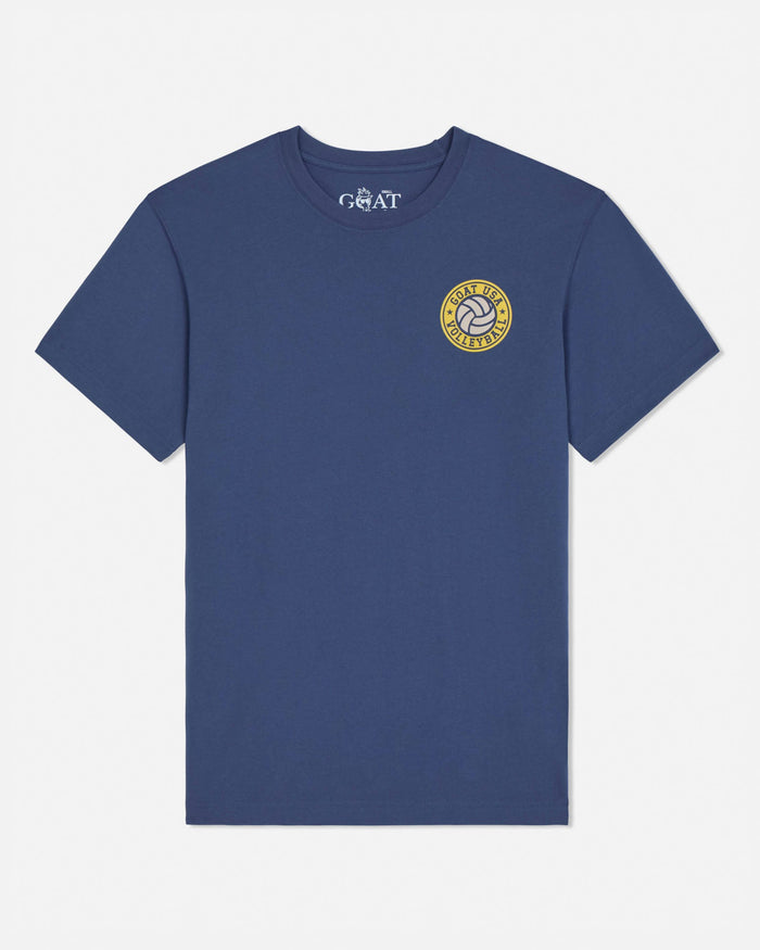 Blue t-shirt with a yellow logo on a white background