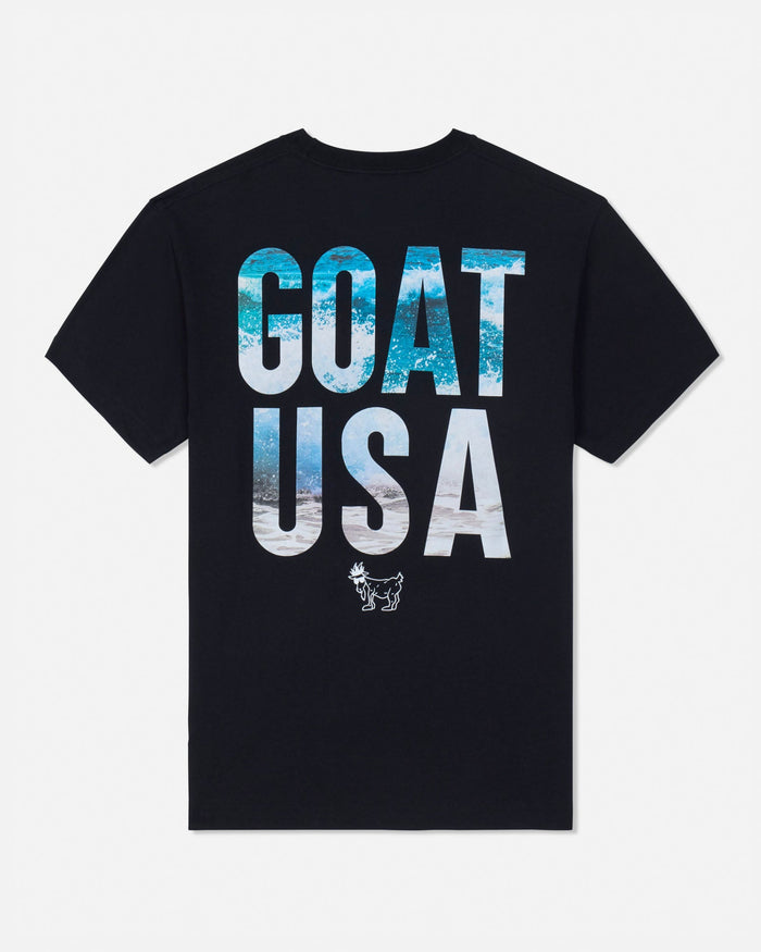 Black t-shirt with 'GOAT USA' text on a white background