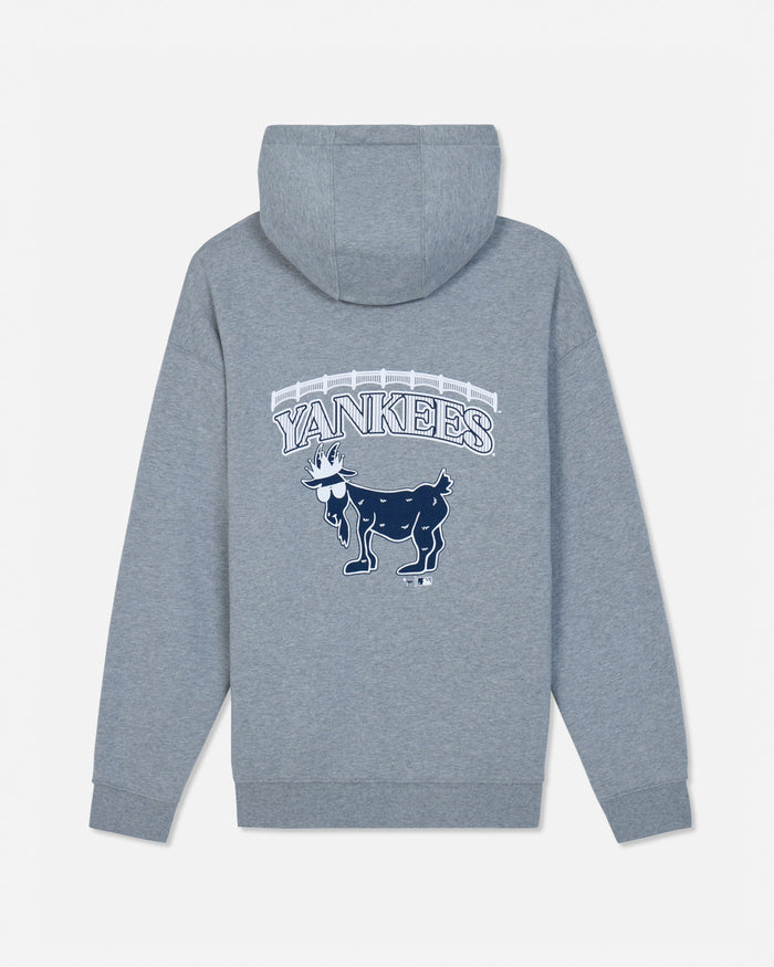 A heather gray hoodie shown from the back, featuring a navy blue and white New York Yankees graphic with the team name arched above a goat logo.#color_gray