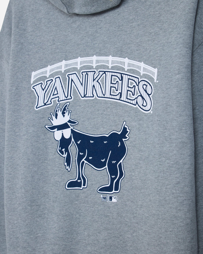 Close-up of a heather gray hoodie featuring a white and navy blue Yankees graphic with the wordmark and a goat logo.#color_gray