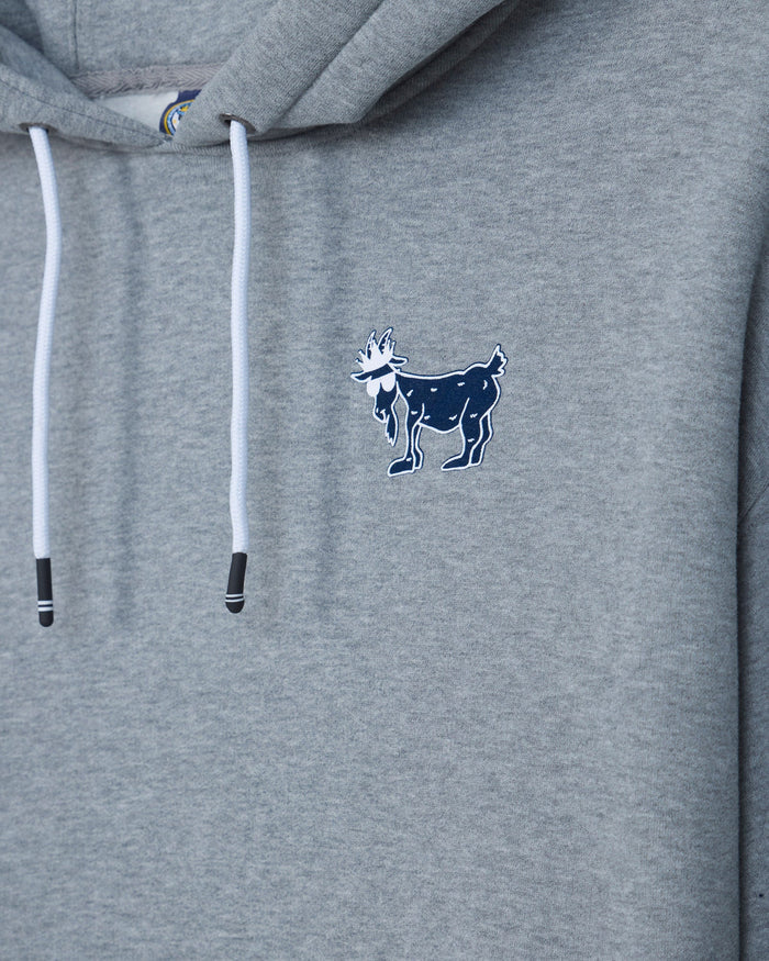 Close-up of a heather gray hoodie with white drawstrings and a small navy goat logo embroidered on the left chest.#color_gray