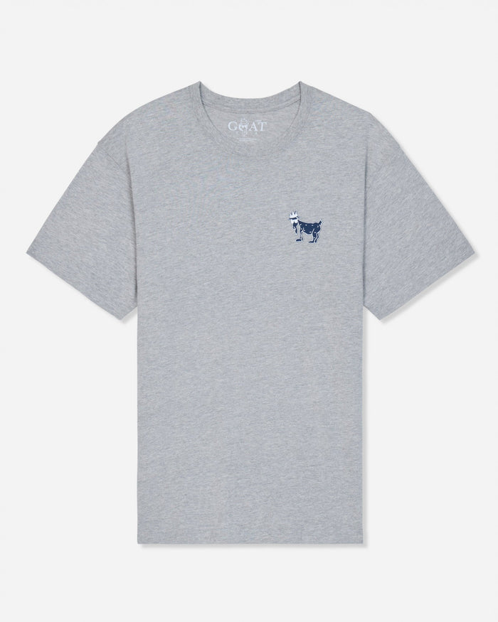A gray t-shirt with a small navy blue embroidered goat logo on the left chest, shown flat against a light gray background.#color_gray