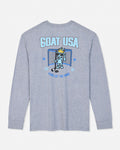 A heather gray long-sleeve t-shirt with a blue and white graphic on the front featuring a cartoon goat mascot in front of a hockey goal, with the text 'GOAT USA' and 'KING OF THE RINK'.