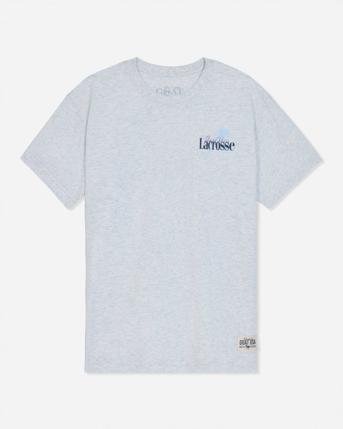 A light gray heather short-sleeve t-shirt with a small Lacrosse logo printed on the left chest, displayed flat against a light gray background.