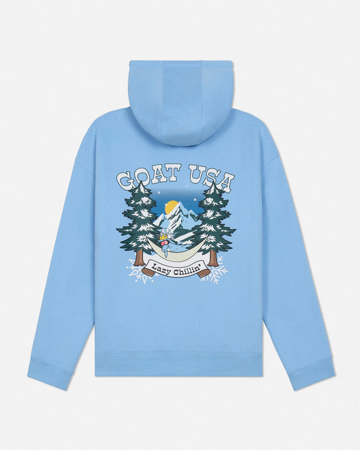 Light blue hoodie with graphic design on the back against a white background