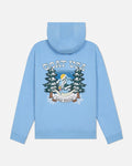 Light blue hoodie with graphic design on the back against a white background