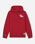A red pullover hoodie with a white 'LAZY CHILLIN' graphic printed on the left chest, displayed against a light gray background.