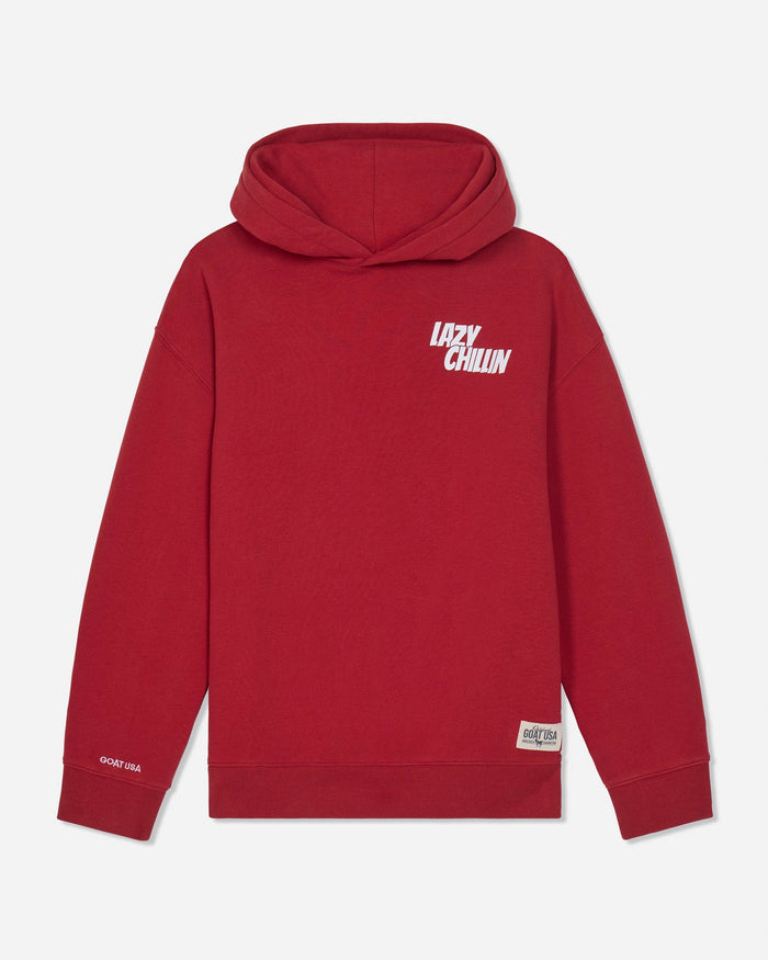 A red pullover hoodie with a white 'LAZY CHILLIN' graphic printed on the left chest, displayed against a light gray background.